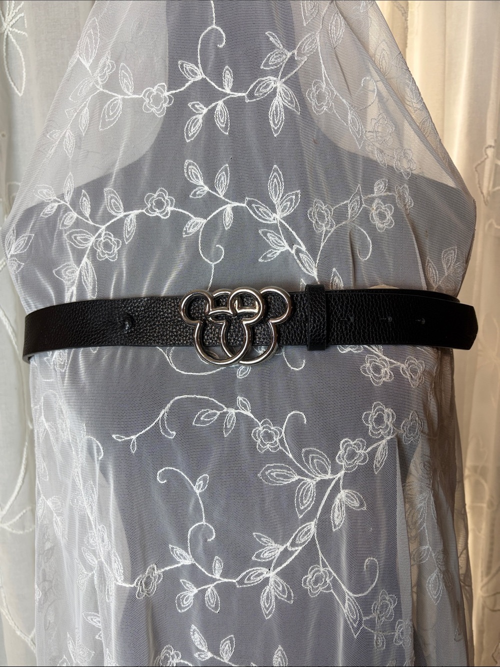 Black Faux leather belt with interlocking Mickey Mouse buckle in silver 2 X